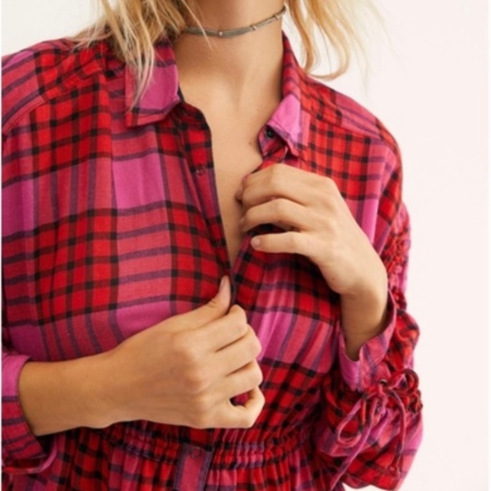 NWOt Free People Pacific Dawn Plaid Shirt Red Combo Small
